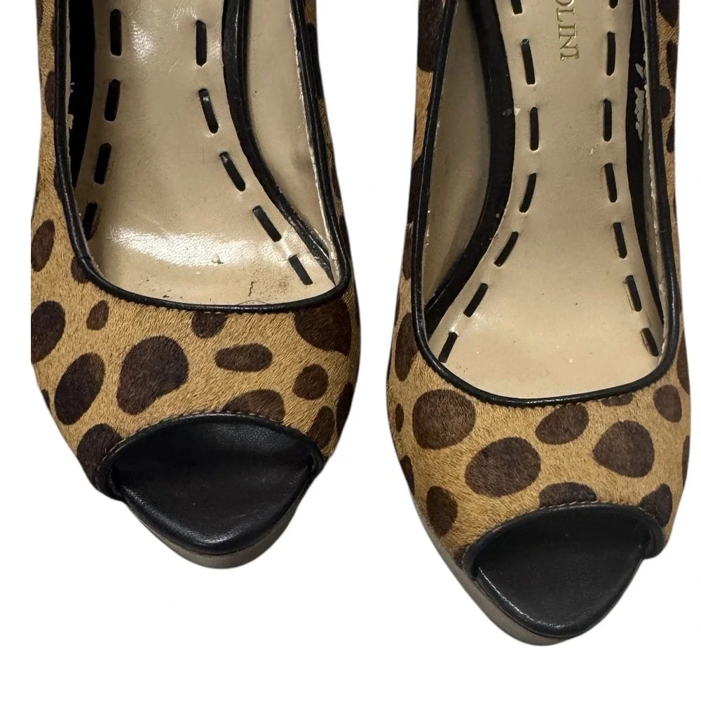 Enzo Angiolini Leopard Calf Hair Platform Peep Toe Heels Brown Tan Size‎ 6M
